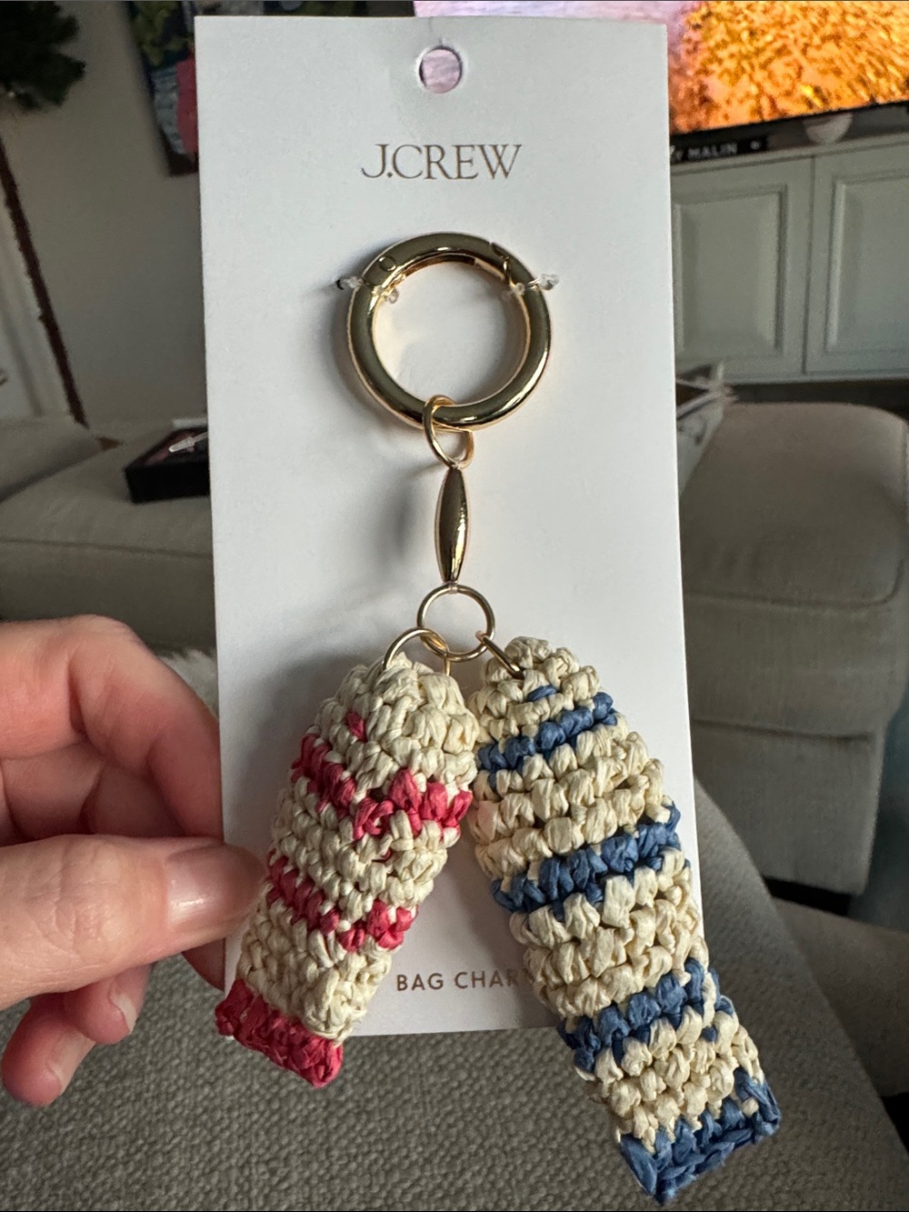 J. Crew Fish Crochet Bag Charm in Cream with Pink & Blue Stripes NWT